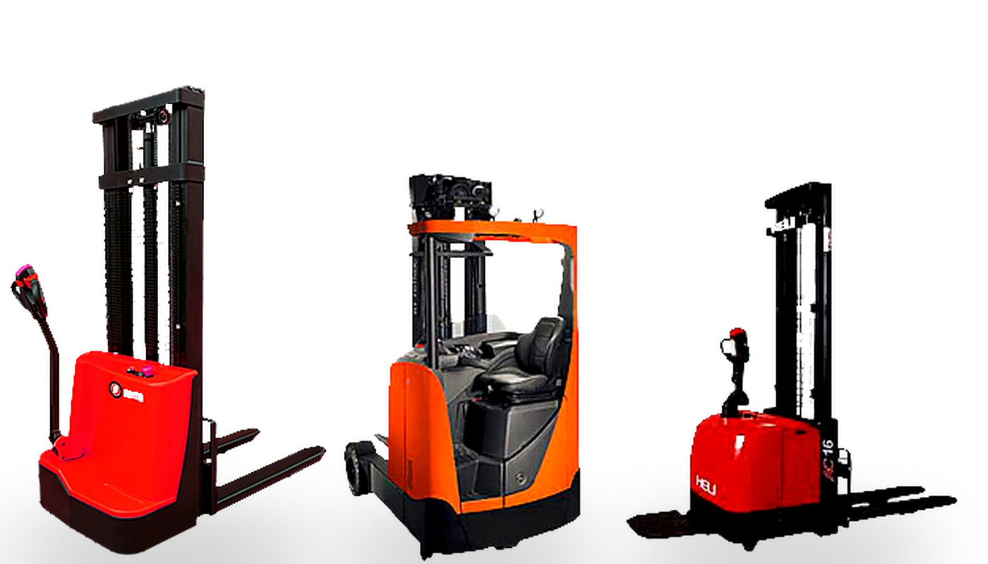 Autoelevador industrial naranja visto de perfil